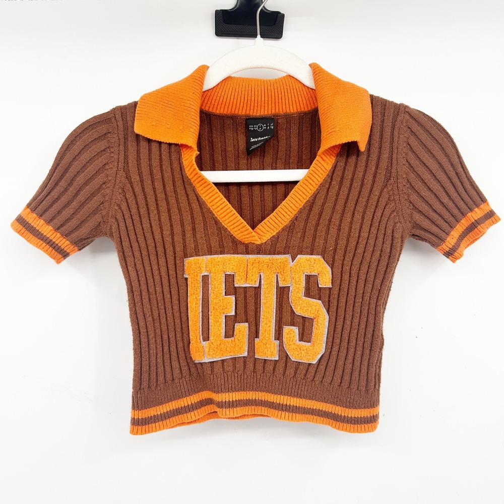 Iets Frans‎ Womens Preppy Ribbed Varsity Collar Short Sleeve Crop Top Size S